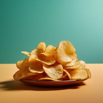 Golden potato chips served in a metallic bowl as an appetizer on a wooden table.