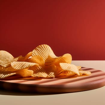 Golden potato chips served in a metallic bowl as an appetizer on a wooden table.