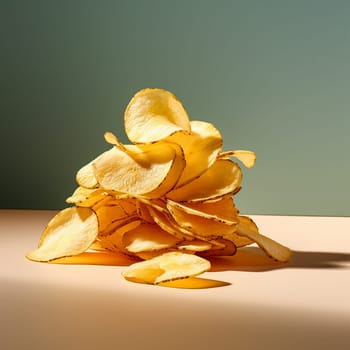 Piled of crispy potato chips against dark background