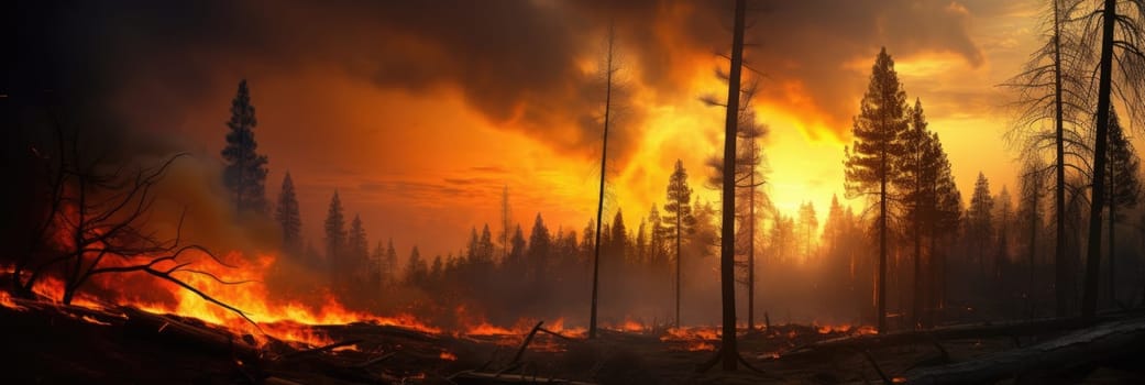 Natural disaster. Fire in the forest. Trees engulfed in flames. Wide format banner AI