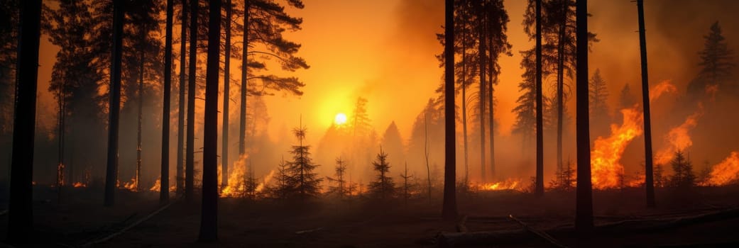 Natural disaster. Fire in the forest. Trees engulfed in flames. Wide format banner AI