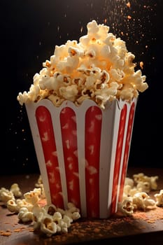 Overflowing popcorn in a striped red and white container.