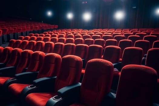 Empty red seats in a dark theater with stage lights on.