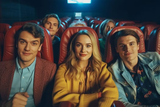 Three friends enjoying a movie in a theater with red seats.