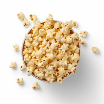 A bowl filled with freshly popped popcorn on a white background.