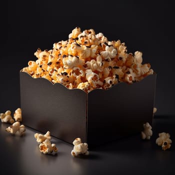 A box full of freshly popped golden popcorn against a dark background.