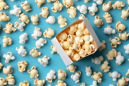 Popcorn shaped like various animals spilling from a container on a blue background.