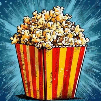 A large tub of popcorn on a stylized blue background.