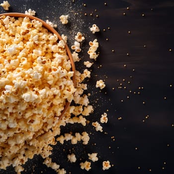 Overhead view of a bowl spilling popcorn onto a dark surface