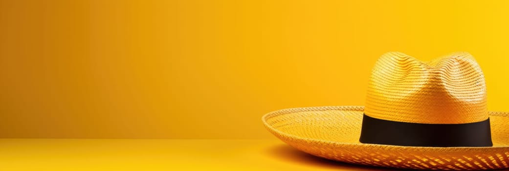 Hat on a yellow background. Summer concept banner AI
