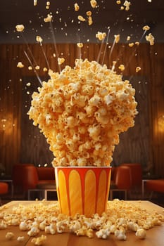 Exploding popcorn in a container with dramatic lighting in a theater setting.