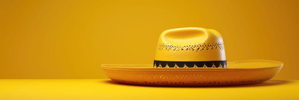Hat on a yellow background. Summer concept banner AI