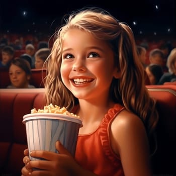 Young girl smiling with popcorn at the movies.