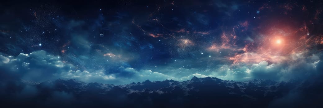 Creative design for wallpaper, background. Futuristic space landscape. Wide format banner AI