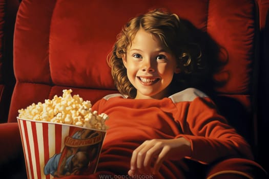 A smiling child holding a large popcorn sitting in a red chair.