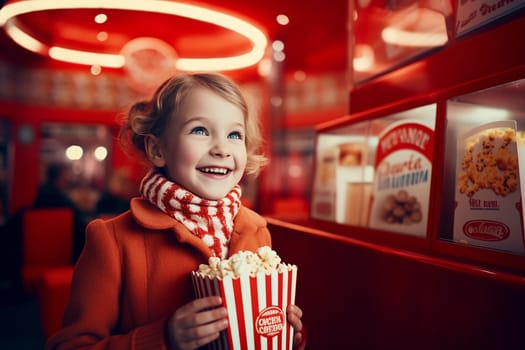 A smiling child holding popcorn in a vibrant red-themed environment.