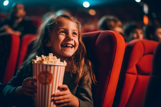 Young girl smiling with popcorn at a movie theater