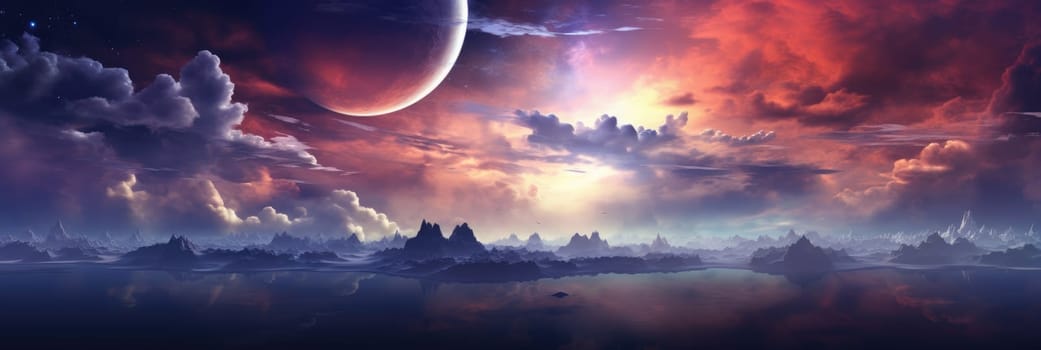 Creative design for wallpaper, background. Futuristic space landscape. Wide format banner AI