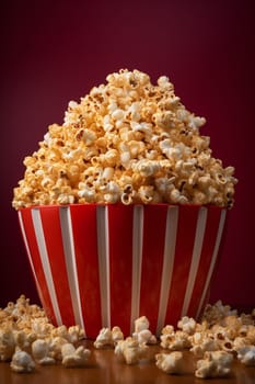 Overflowing popcorn perfect snack for cinema or theater in a striped red and white container