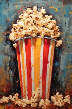 A large tub of popcorn for cinema, commercial painted style on blue background.
