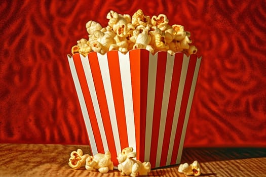 A large tub of popcorn for cinema, commercial on a stylized pop art style on blue background.