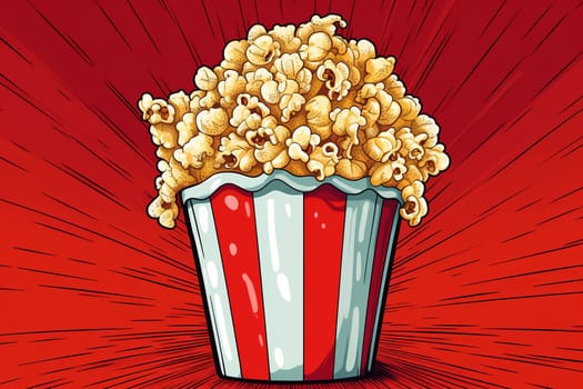 A large tub of popcorn for cinema, commercial on a stylized pop art style on blue background.