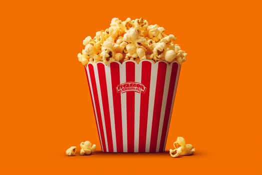 Overflowing popcorn perfect snack for cinema or theater in a striped red and white container