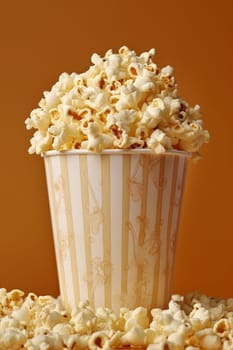 A full box of popcorn perfect snack for cinema on a yellow background.