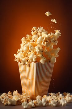 Exploding dynamic popcorn in a container with dramatic lighting in a theater or cinema setting.