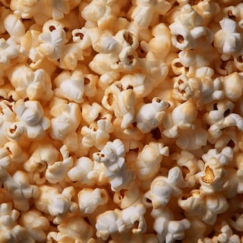 A close up of a fresh popcorn on a white background, upper view