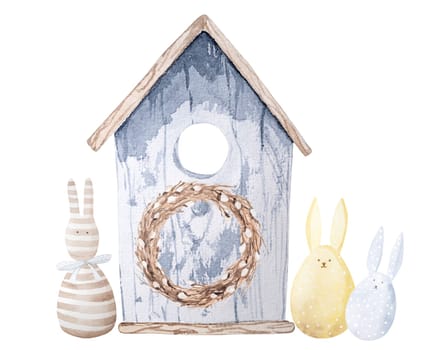 Easter watercolor art with rabbit, eggs and bird house with bunny ears decoration. Cute spring religion holidays postcard