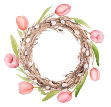 Handmade Watercolor Wreath Of Willow And Tulips For Easter
