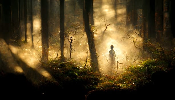 human figure silhouette in forest backlit mist, neural network generated art. Digitally generated image. Not based on any actual scene or pattern.