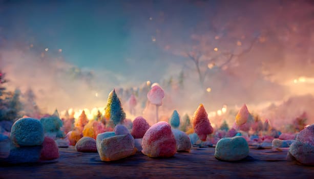 fantasy marshmallow forest, neural network generated art. Digitally generated image. Not based on any actual scene or pattern.