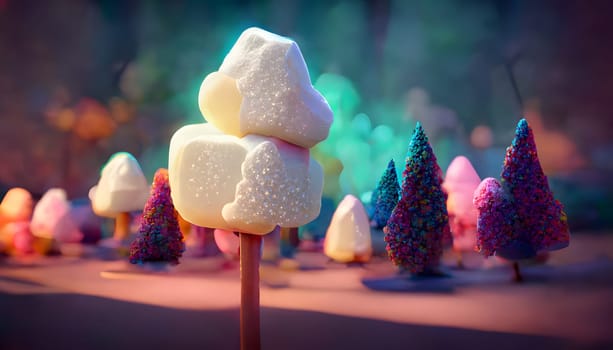 fantasy marshmallow forest, neural network generated art. Digitally generated image. Not based on any actual scene or pattern.