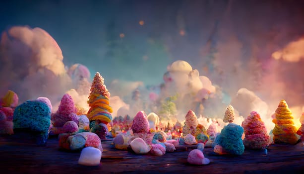 fantasy marshmallow forest, neural network generated art. Digitally generated image. Not based on any actual scene or pattern.