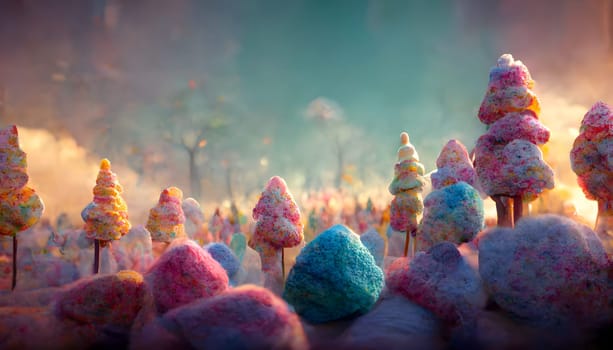 fantasy marshmallow forest, neural network generated art. Digitally generated image. Not based on any actual scene or pattern.