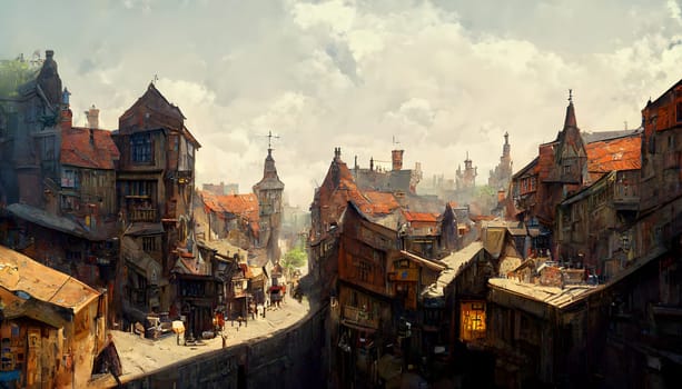 fantasy medieval town street with pavement and illumination, neural network generated art. Digitally generated image. Not based on any actual scene or pattern.