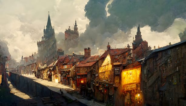 fantasy medieval town street with pavement and illumination, neural network generated art. Digitally generated image. Not based on any actual scene or pattern.
