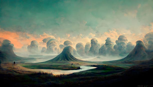 dreamy alien landscape with butte mountains and strange clouds, neural network generated art. Digitally generated image. Not based on any actual scene or pattern.