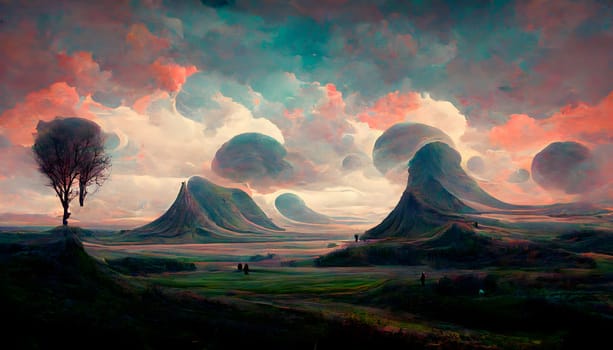 dreamy alien landscape with butte mountains and strange clouds, neural network generated art. Digitally generated image. Not based on any actual scene or pattern.