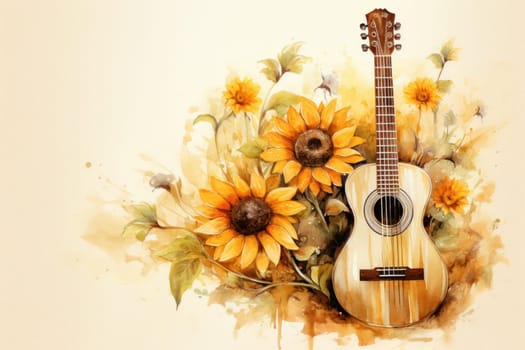 Sunflower and guitar Watercolor beige background Generative AI.