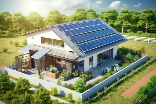 Photograph of a house with solar panel on the roof.