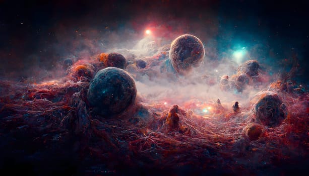 absctract cosmic scenery with colorful orbital clouds, neural network generated art. Digitally generated image. Not based on any actual scene or pattern.