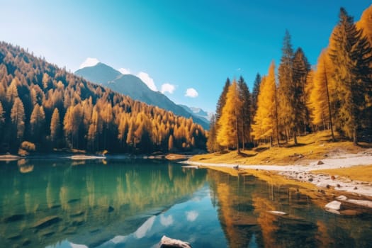 Beautiful autumn mountain nature lake with blue sky Generative AI.