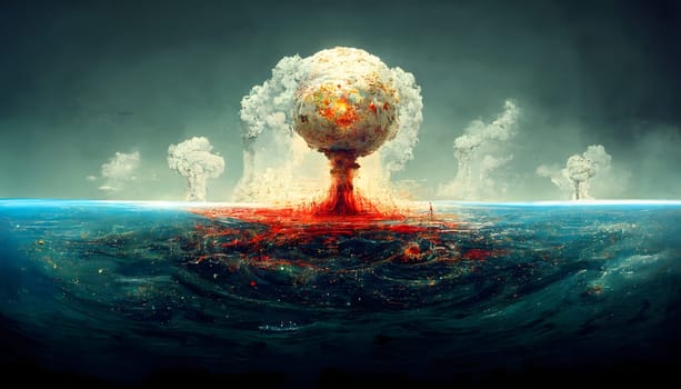 nuclear war, apocalyptic mushroom cloud above city, neural network generated art. Digitally generated image. Not based on any actual scene or pattern.