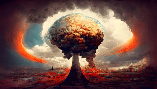 nuclear war, apocalyptic mushroom cloud above city, neural network generated art. Digitally generated image. Not based on any actual scene or pattern.