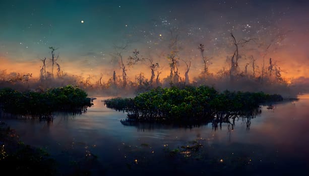 mangroves on the banks of the river at night, neural network generated art. Digitally generated image. Not based on any actual scene or pattern.