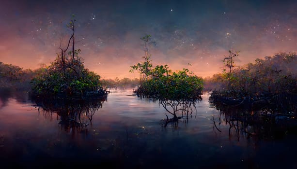 mangroves on the banks of the river at night, neural network generated art. Digitally generated image. Not based on any actual scene or pattern.