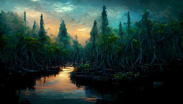 mangroves on the banks of the river at night, neural network generated art. Digitally generated image. Not based on any actual scene or pattern.